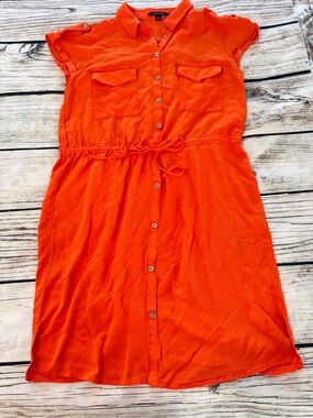 Button-Front Orange Shirt Dress with Tie Waist